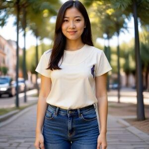 100% SILK Eileen Fisher Cream Top with Purple Butterfly Accent